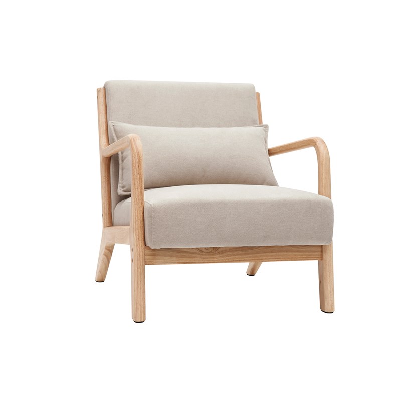 Fauteuil en tissu effet velours beige et bois clair massif derry