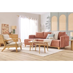 Fauteuil en tissu effet velours beige et bois clair massif derry