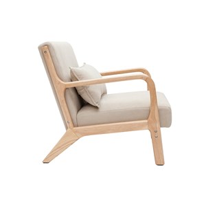 Fauteuil en tissu effet velours beige et bois clair massif derry