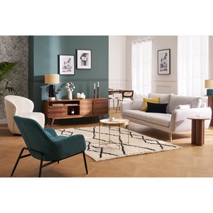 Fauteuil en tissu effet velours bleu canard et métal noir maxine