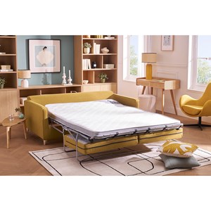 Canapé convertible 3 places en tissu jaune cumin et bois clair papel
