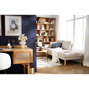 Méridienne en tissu effet velours texturé beige et bois clair bertille