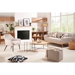 Fauteuil en tissu effet velours texturé beige et métal noir gaston