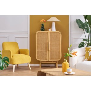 Fauteuil en tissu effet velours jaune moutarde et bois clair isko