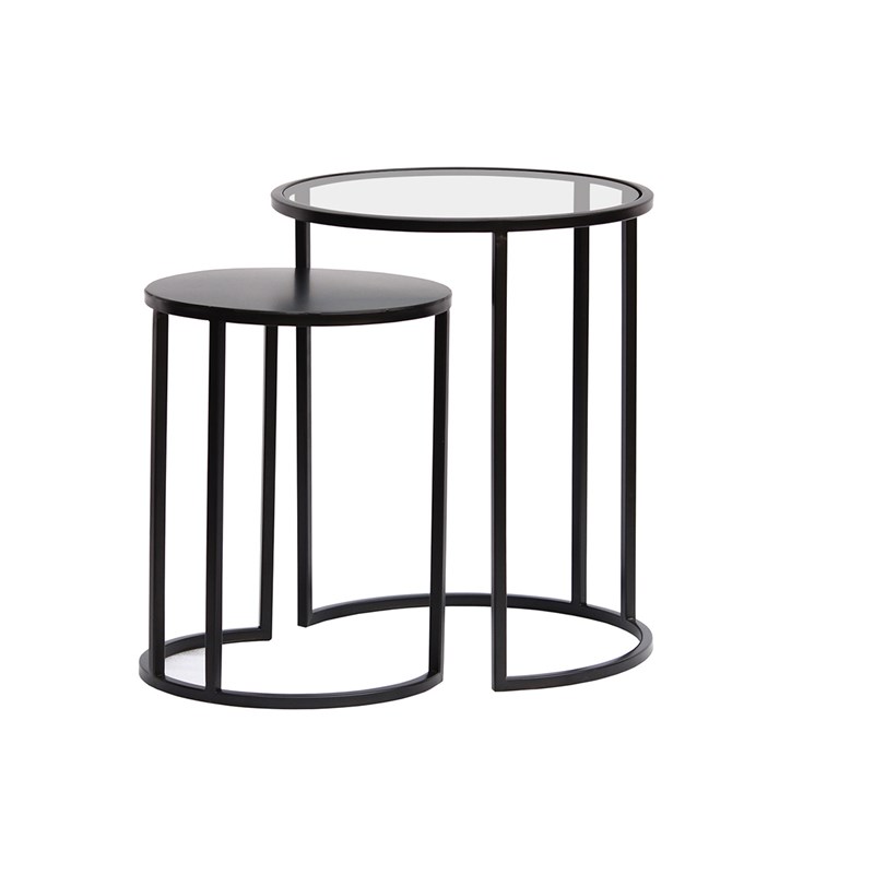 Tables d'appoint gigognes en verre trempé et métal noir tahl