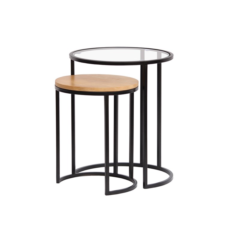 Tables d'appoint gigognes en verre trempé et bois manguier massif tahl