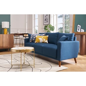 Canapé 3 places en tissu bleu foncé et bois foncé munik