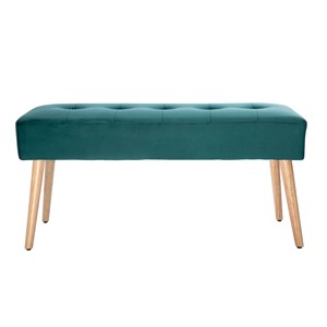 Banc capitonné en tissu velours bleu pétrole et bois clair l96 cm guesta