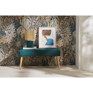 Banc capitonné en tissu velours bleu pétrole et bois clair l96 cm guesta