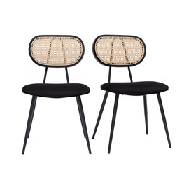 Chaises noires en tissu velours, métal et cannage rotin naturel (lot de 2) tolma