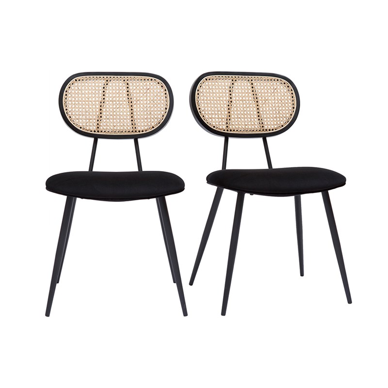 Chaises noires en tissu velours, métal et cannage rotin naturel (lot de 2) tolma