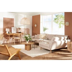 Canapé d'angle droit 5 places en tissu beige et bois clair creep