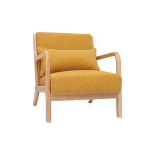 Fauteuil en tissu effet velours jaune moutarde et bois clair massif derry