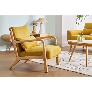 Fauteuil en tissu effet velours jaune moutarde et bois clair massif derry