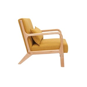 Fauteuil en tissu effet velours jaune moutarde et bois clair massif derry