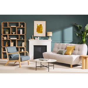 Fauteuil en tissu vert de gris et bois clair massif derry