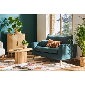 Canapé 2 places en tissu effet velours jaune moutarde et bois clair jonas