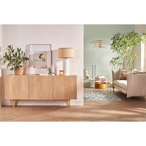 Buffet gravé finition bois clair chêne et métal doré 3 portes l160 cm ozen