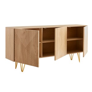 Buffet gravé finition bois clair chêne et métal doré 3 portes l160 cm ozen