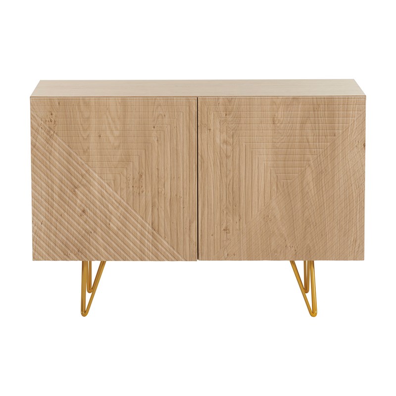 Buffet gravé finition bois clair chêne et métal doré 2 portes l107 cm ozen