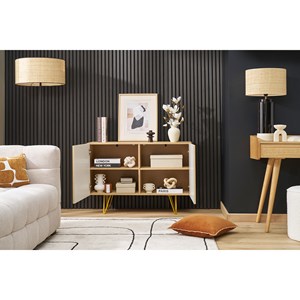 Buffet gravé finition bois clair chêne et métal doré 2 portes l107 cm ozen