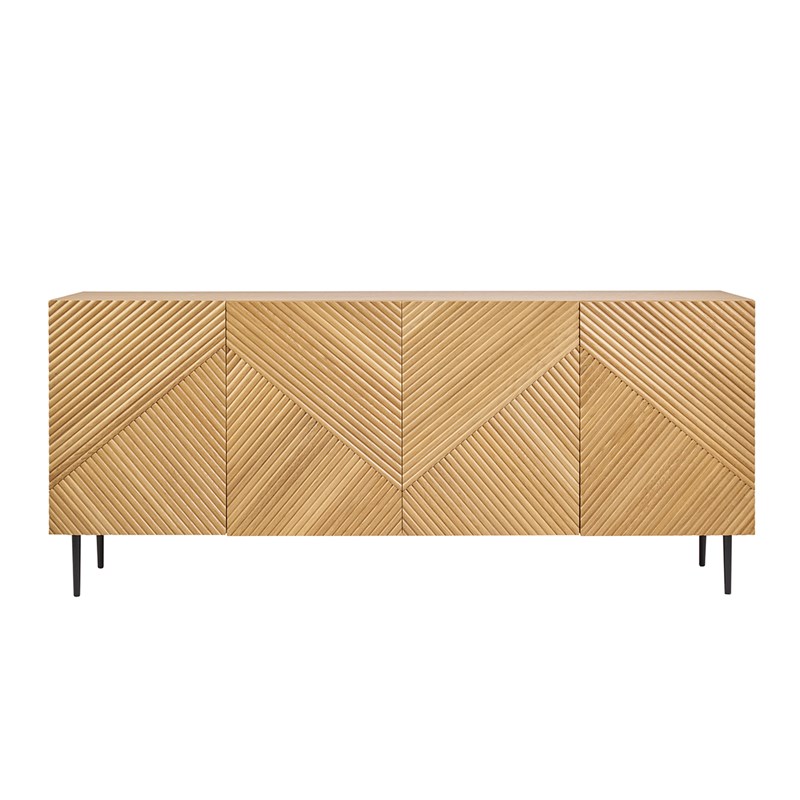 Buffet en bois clair chêne massif gravé et métal noir 4 portes l180 cm archipel