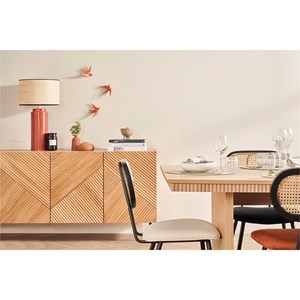 Buffet en bois clair chêne massif gravé et métal noir 4 portes l180 cm archipel