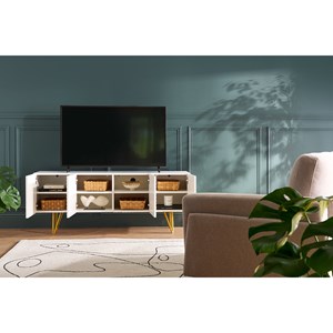 Meuble tv gravé blanc et métal doré l140 cm ozen