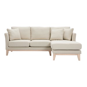 Canapé d'angle droit déhoussable 4 places en tissu beige et bois clair oslo