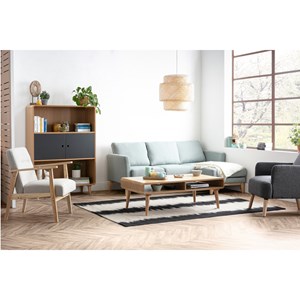 Canapé d'angle droit déhoussable 4 places en tissu beige et bois clair oslo