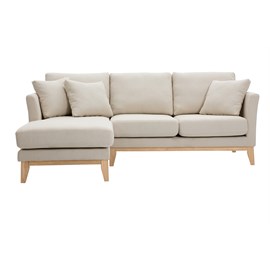 Canapé d'angle gauche en tissu beige déhoussable et bois clair 3-4 places oslo