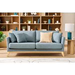 Canapé déhoussable 3 places en tissu vert de gris et bois clair oslo