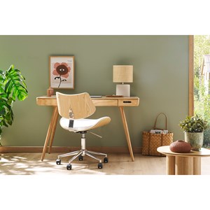 Chaise de bureau à roulettes blanc, bois clair chêne et métal malmo