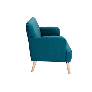 Canapé 2 places en tissu bleu canard et bois clair isko