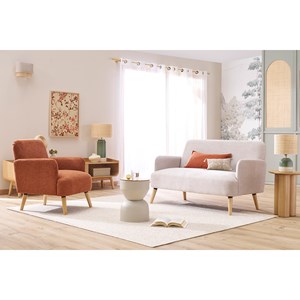 Canapé 2 places en tissu effet velours texturé beige et bois clair isko