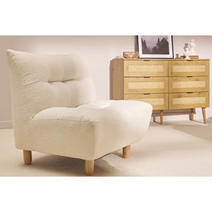 Fauteuil en tissu effet laine bouclée blanc et bois clair yumi
