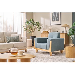 Fauteuil en tissu vert de gris et bois clair fjord