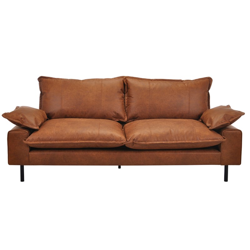 Canapé 3 places en cuir aspect vieilli marron cognac et métal noir dory