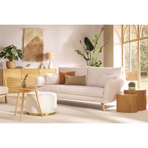 Canapé 3 places en tissu velours côtelé écru et bois clair creep