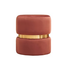 Pouf rond en velours bleu rouge tomette et métal doré d40 cm joy