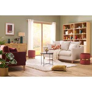 Pouf rond en velours bleu rouge tomette et métal doré d40 cm joy