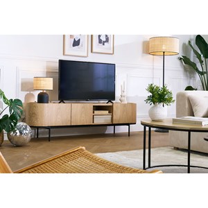 Meuble tv bois clair et métal noir avec rangements l180 cm skye