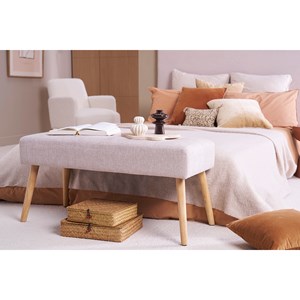 Banc capitonné en tissu effet velours texturé beige et bois clair l96 cm guesta