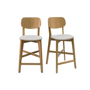 Tabourets de bar en bois clair chêne et tissu beige h65 cm (lot de 2) lucia