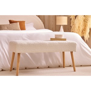 Banc capitonné en tissu effet laine bouclée blanc et bois clair l96 cm guesta
