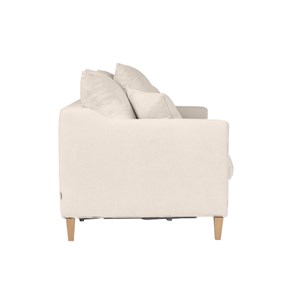 Canapé convertible 3 places en tissu effet velours beige et bois clair louise