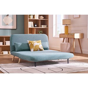 Chauffeuse 2 places convertible en tissu vert de gris et bois clair amiko