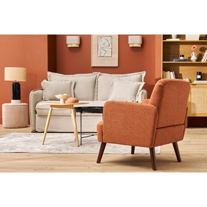 Fauteuil en tissu effet velours texturé terre brûlée et bois foncé isko