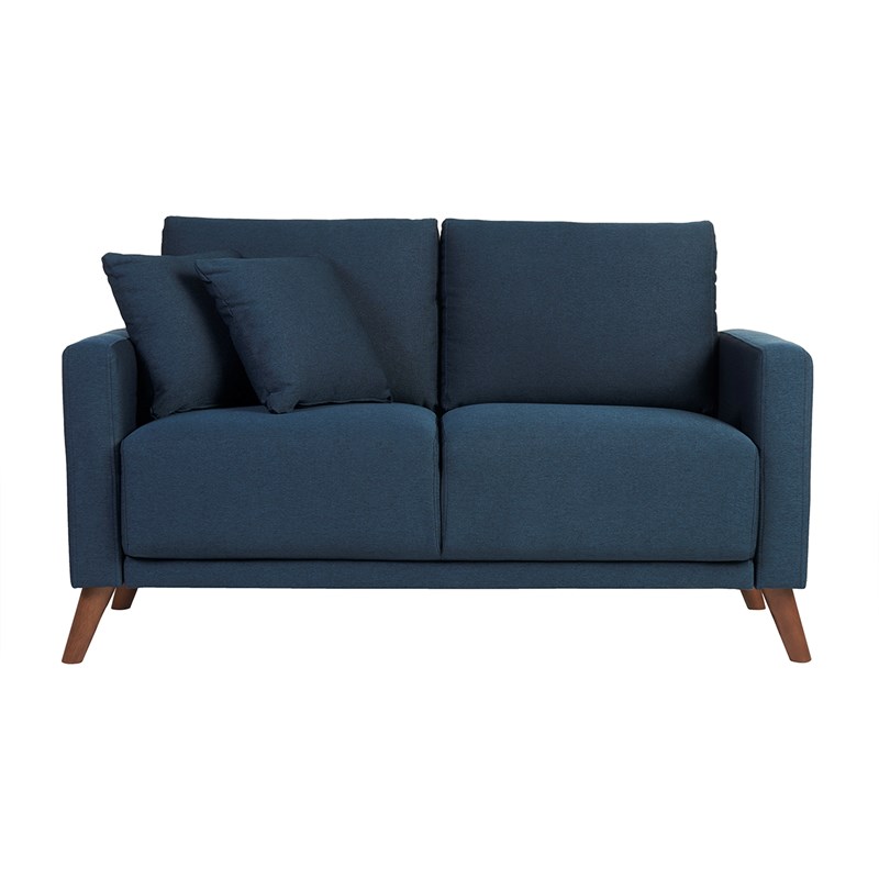 Canapé 2 places en tissu bleu foncé et bois foncé munik