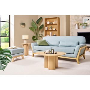 Canapé 3 places en tissu effet velours texturé terracotta et bois clair yoko